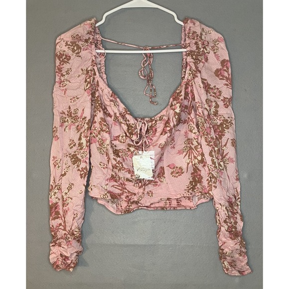 Free People Tops - Free People Pink Floral Square Neck Blouse  Puff Sleeve Nwt Size XS Romance Boho